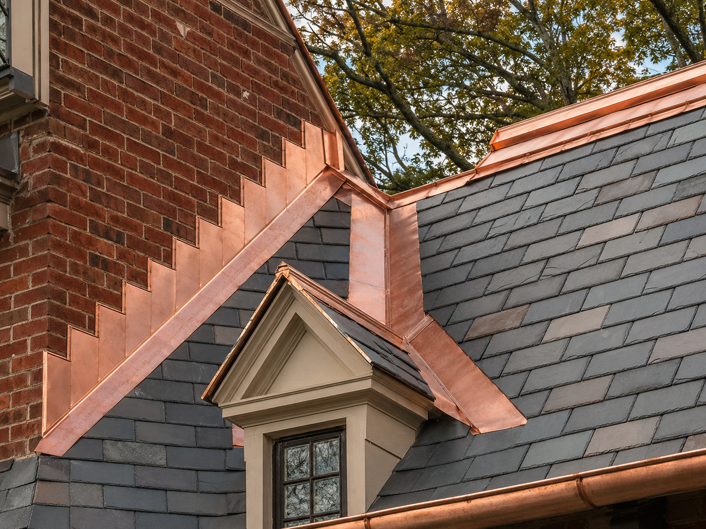 Expert copper flashing integrated with natural slate roofing